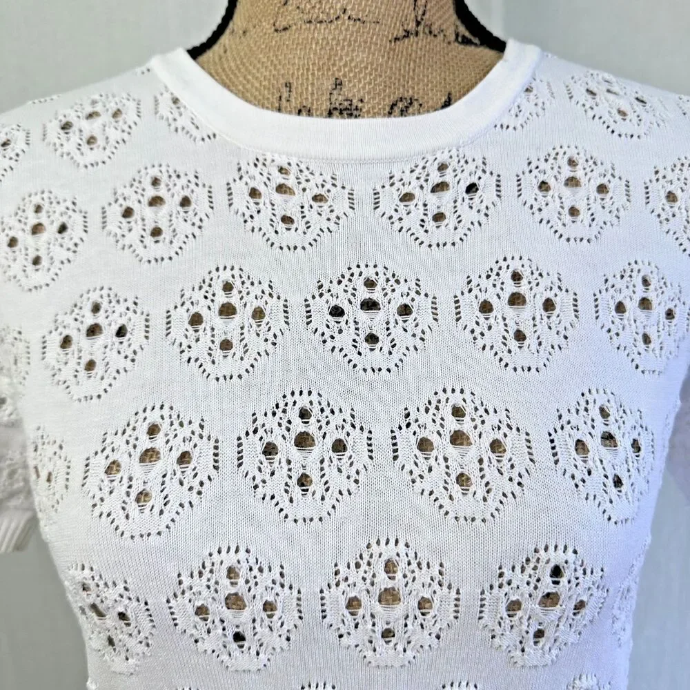 Fairly Blue Women White Eyelet Crochet Knit Cotton Short Sleeve Sweater Top Sz 2
